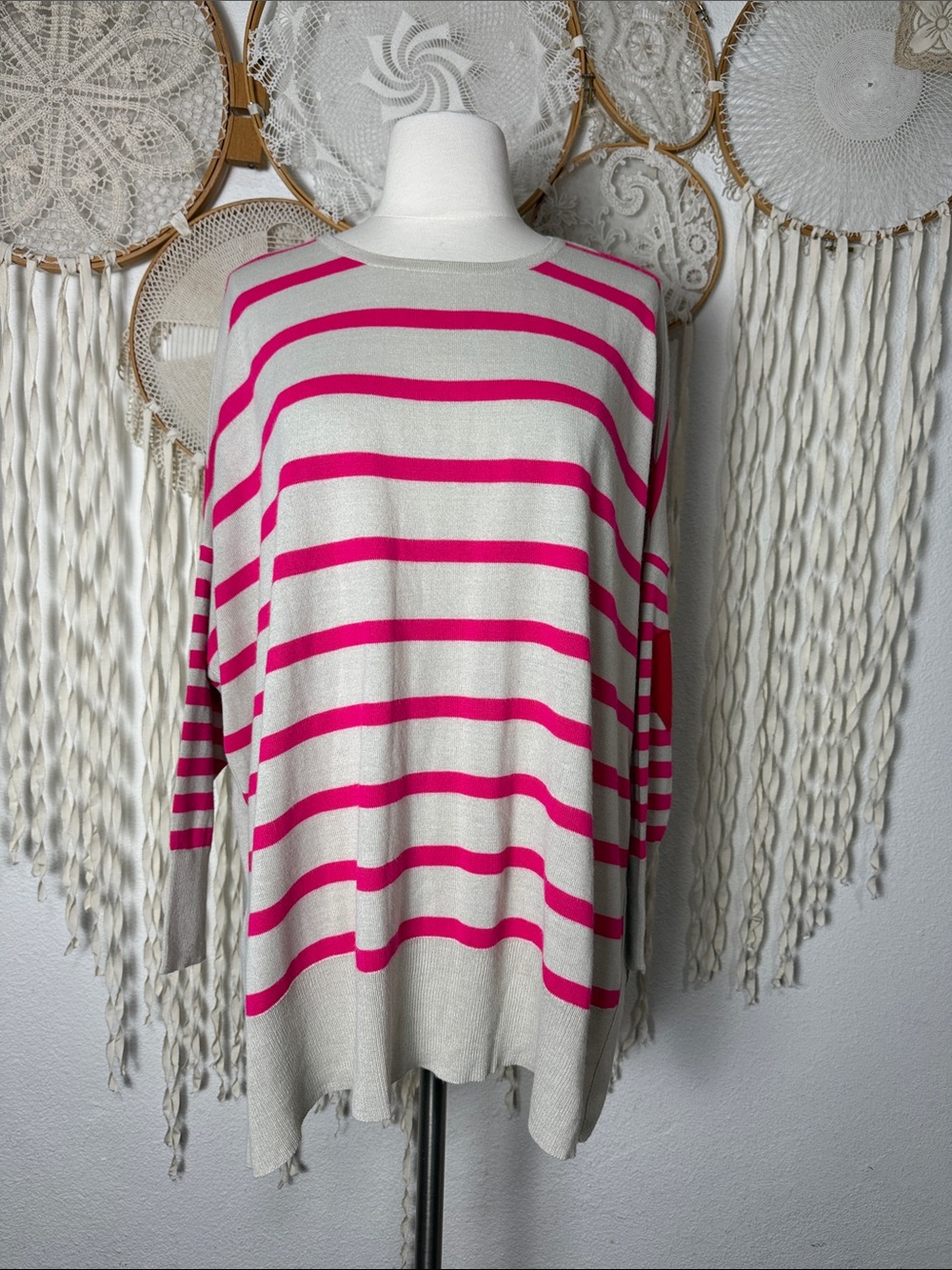 Mersea Amour Tan and Pink Stripe Knit Poncho Sweater One Size
